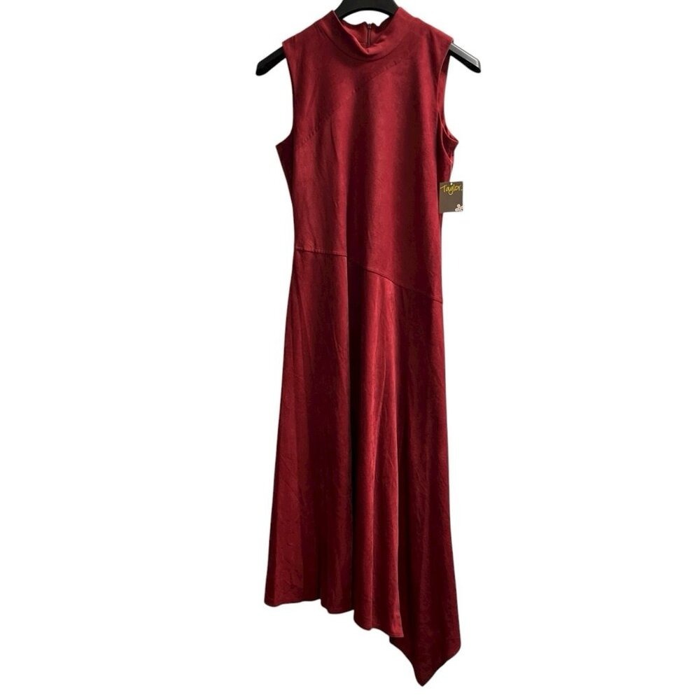 Taylor Dress Red Faux Suede Mock Neck Sleeveless Asymmetric Midi Size 10 Event